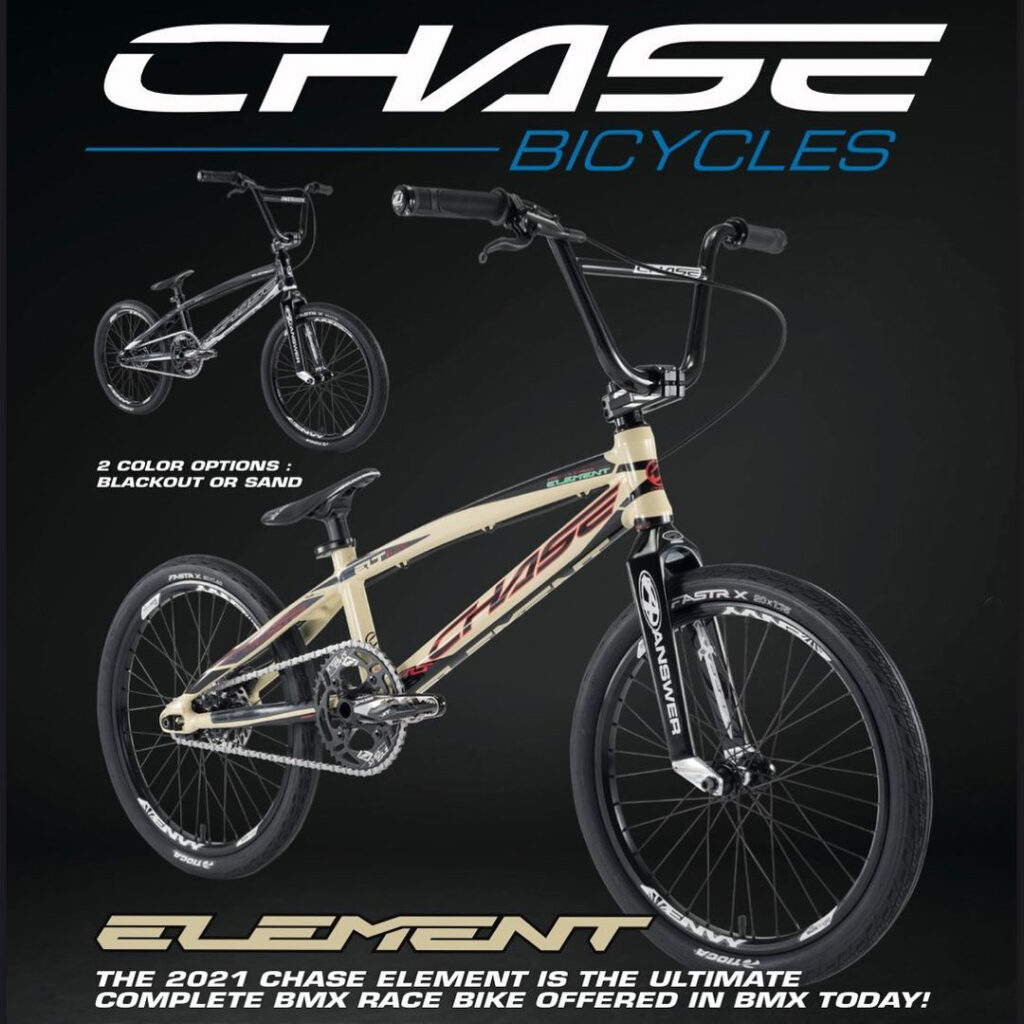 The 2021 Chase Element bikes are now in stock at your local dealer or on BRGstore.com! Utilizing the same geometry as our Championship winning ACT and RSP race frames, the Element frame features Hydroformed and butted tubing, a new intergraded chain tensioner/disc brake mounting system, and a press fit Bottom Bracket. Parts features include Shimano Hydraulic Disc Brake, Answer Carbon Fiber Fork, Tioga fastr X tires, Sun Ringle Rims, a 31.8 Bar/Stem combo, as well as parts from Excess, Elevn and Insight.