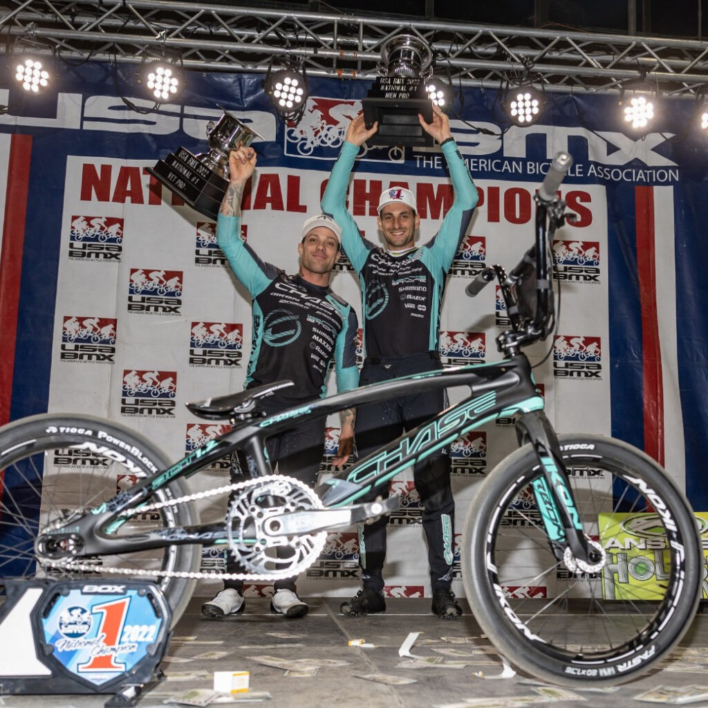 The Chase Pro team riders Joris Daudet and Barry Nobles both earned USA BMX #1 plates at the 2022 USA BMX Grand Nationals in Tulsa, Oklahoma. Joris with the #1 Pro Title and Barry with the #1 Vet Pro title in Tulsa. The 8th year in a row for Chase !